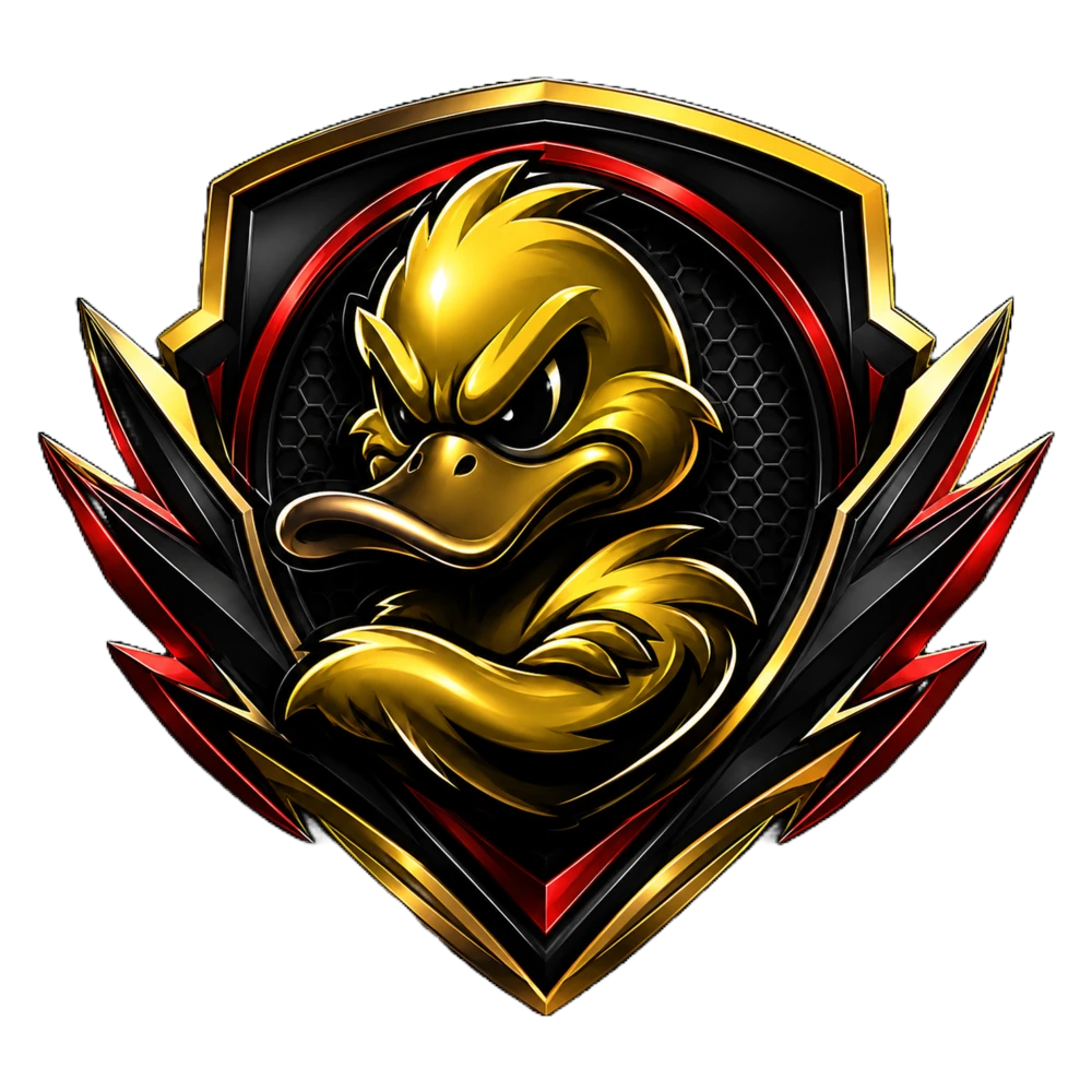 Angry gold Team Duckies mascot inside a black, gold, and red shield